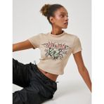Koton Crop Tişört Dik Yaka Kısa Kollu Baskılı - XS - Bej