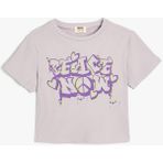Koton Crop Tişört Grafiti Baskılı Kısa Kollu Bisiklet Yaka Dokulu Pamuklu - Mor - 7 - 8 Yaş