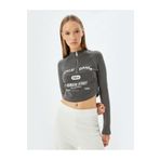 Koton Crop Tişört Uzun Kollu Yarım Fermuarlı Slogan Baskılı Slim Fit