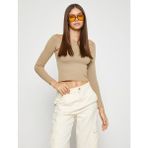 Koton Crop Triko Kazak Kayık Yaka Uzun Kollu - XS - Bej