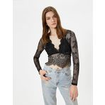 Koton Dantelli Bluz Transparan Crop V Yaka