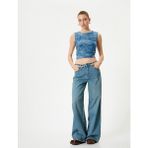 Koton Denim Görünümlü Üst Crop Büzgülü Bisiklet Yaka - Mavi
