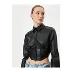 Koton Deri Görünümlü Gömlek Crop Korse Detaylı Uzun Kollu Düğmeli Slim Fit