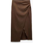Koton Drape Detaylı Yırtmaçlı Asimetrik Kesim Midi Boy Kruvaze Keten Etek - Kahve - 36