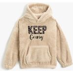Koton Ekru Peluş Kapüşonlu Sweatshirt Kız Çocuk Uzun Kol Grafik Desenli Rahat Kullanım - 6 - 7 Yaş