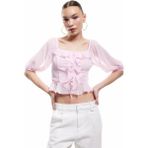 Koton Fırfırlı Bağcık Detaylı Kare Yaka Crop Balon Kol Şifon Gömlek - Pembe - 40