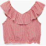 Koton Fırfırlı Kolsuz Düşük Omuz Ekoseli Crop Bluz - Kırmızı - 6 - 7 Yaş
