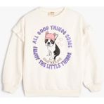 Koton Fırfırlı Pamuklu Sweatshirt Kız Çocuk Köpek Baskılı Uzun Kollu Truvakar Kol - Ekru - 4 - 5 Yaş