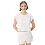 Koton Kadın Crop Pijama Üstü Kısa Kollu Bisiklet Yaka Nakışlı Fitilli Viskon Karışımlı, Pembe, M