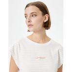 Koton Kadın Crop Pijama Üstü Kısa Kollu Bisiklet Yaka Nakışlı Fitilli Viskon Karışımlı, Pembe, S