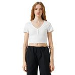 Koton Kadın Crop Tişört Kısa Kollu Pamuklu Düğmeli V Yaka, Ekru (010), XS