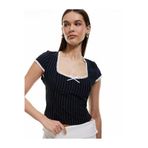 Koton Kadın Dantel Detaylı Çizgili Kısa Kollu Slim Fit Bluz, Lacivert, 36 Beden