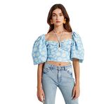 Koton Kadın Papatyalı Yaka Detaylı Crop Bluz Mavi Desenli, 34