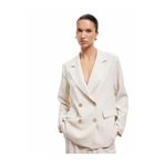 Koton Kadın Uzun Kollu Cepli Keten Karışımlı Kruvaze Oversize Blazer Ceket, Ekru, 36 Beden