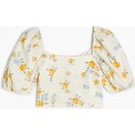 Koton Keten Crop Bluz Çiçekli Kare Yaka Gipe Detaylı - Sarı - 5 - 6 Yaş