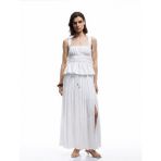Koton Keten Karışımlı Katlı Dokulu Beli Bağlamalı Lastikli Midi Kloş Etek - Ekru - 36