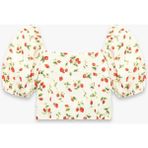 Koton Keten Viskon Karışımlı Gipeli Slim Fit Poplin Kare Yaka Crop Balon Kollu Çilek Desenli Bluz - Kırmızı - 13 - 14 Yaş