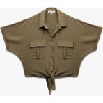 Koton Kısa Kollu Klasik Yaka Bağlama Detaylı Cepli Crop Oversize Bluz - Yeşil - 34