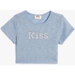 Koton Kız Çocuk Crop T-Shirt Pul Detaylı Bisiklet Yaka - Mavi - 6 - 7 Yaş