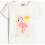 Koton Kız Çocuk Kısa Kollu Flamingo Baskılı Bisiklet Yaka Pamuklu Tişört Günlük Stil - 3 - 4 Yaş - Ekru