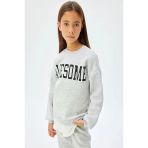 Koton Kız Çocuk Sweatshirt Baskılı Bisiklet Yaka Gömlek Etek Ucu Detaylı Şardonlu
