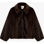 Koton Klasik Yaka Fermuarlı Cepli Oversize Suni Kürk Bomber Ceket - Kahve - 40