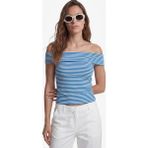 Koton Koton x Sibil Çetinkaya - Slim Fit Drape Detaylı Çizgili Omzu Açık Bluz - Mavi - XL