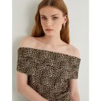 Koton Leopar Desenli Bluz Kısa Kollu Kayık Yaka Drapeli Slim Fit