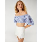 Koton Nakışlı Crop Bluz Omzu Açık - Mavi - 42