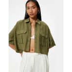 Koton Oversize Crop Gömlek Kısa Kollu Kapaklı Cep Detaylı Viskoz Kumaş - Yeşil - 42