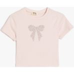Koton Pamuklu Bisiklet Yaka Kısa Kollu Fiyonk Baskılı Crop Tişört - Pembe - 4 - 5 Yaş