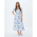 Koton Pamuklu Kemer Detaylı Kısa Kollu Kruvaze Yaka Uzun Çiçekli Elbise - 40 - Mavi