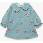 Koton Pamuklu Uzun Kollu Bebe Yaka Fiyonk Nakışlı Denim Elbise - 9 - 12 Ay - Mavi