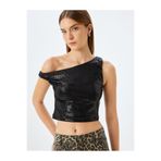 Koton Pullu Payetli Kayık Yaka Crop Kolsuz Slim Fit Bluz