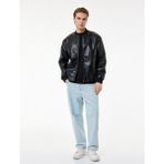 Koton Regular Fit Fermuarlı Cepli Kolej Yaka Bomber Suni Deri Ceket - Siyah - XL