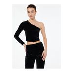 Koton Slim Fit Asimetrik Yaka Uzun Kollu Crop Tek Omuz Kadife Bluz