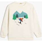 Koton Sweatshirt Kayak Baskılı Bisiklet Yaka Uzun Kollu Şardonlu - Ekru - 6 - 7 Yaş