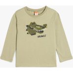 Koton T-Shirt Timsah Baskılı Uzun Kollu Pamuklu Erkek Çocuk Günlük Stil Truvakar Kol - Yeşil - 4 - 5 Yaş