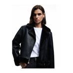 Koton Uzun Kollu Fermuarlı Suni Kürk Astarlı Kruvaze Suni Deri Biker Crop Ceket