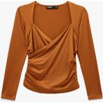 Koton Uzun Kollu Slim Fit Kruvaze V Yaka Saten Bluz - Kahve - XS