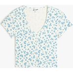 Koton V Yaka Düğmeli Çiçek Desenli Slim Fit Crop Tişört - Beyaz - XS
