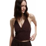 Koton Viskon Halter Yaka Boyundan Bağlamalı Kolsuz Gipeli Crop Bluz - Kahve - 38