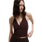 Koton Viskon Halter Yaka Boyundan Bağlamalı Kolsuz Gipeli Crop Bluz - Kahve - 40