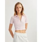 Koton Viskon Kumaş Karışımlı Pötikare Fermuarlı Kısa Kollu Crop Polo Yaka Tişört - Pembe - 2XL
