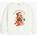 Koton Yılbaşı Temalı Sweatshirt Uzun Kollu Köpek Baskılı Bisiklet Yaka Şardonlu - Ekru - 11 - 12 Yaş
