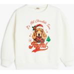 Koton Yılbaşı Temalı Sweatshirt Uzun Kollu Köpek Baskılı Bisiklet Yaka Şardonlu - Ekru - 6 - 7 Yaş
