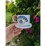 Kotyora Seramik Nazargöz Hediyelik Seramik Duble Kahve Fincanı - Altın - Mavi - 160 ml
