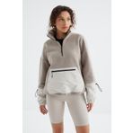 Koyu Bej Etek Ucu Büzgülü Yarım Fermuar Kanguru Cepli Oversize Kadın Sweatshirt - 97238 | S
