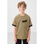 Koyu Bej Pamuklu Yumuşak Dokulu Oversize Cep Detaylı Erkek Çocuk T-Shirt - 11295 - 9 - 10 Yaş