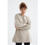 Koyu Bej Reglan Kol Renk Detaylı Basıc Kapüşonlu Oversize Tunik - 97242 | L